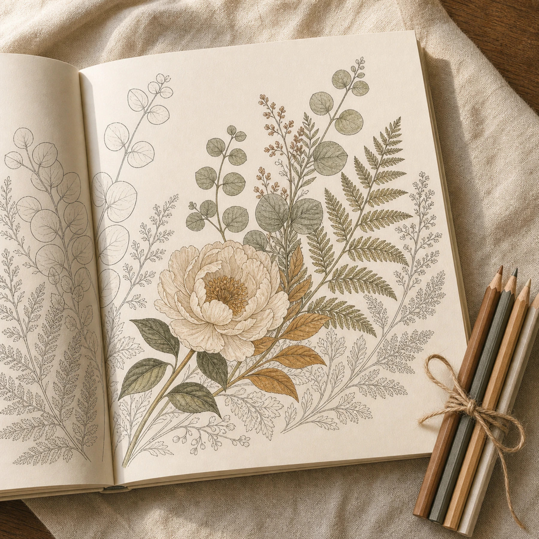 Coloring book — Her garden, drawn in line art