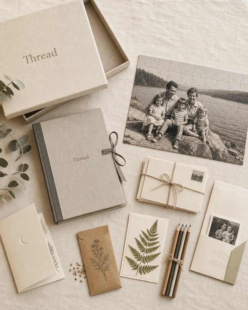 Inside a Thread box: a jigsaw puzzle made from a family photo, a linen memoir journal, bundled letters, postcards, pressed-flower stationery, and colored pencils