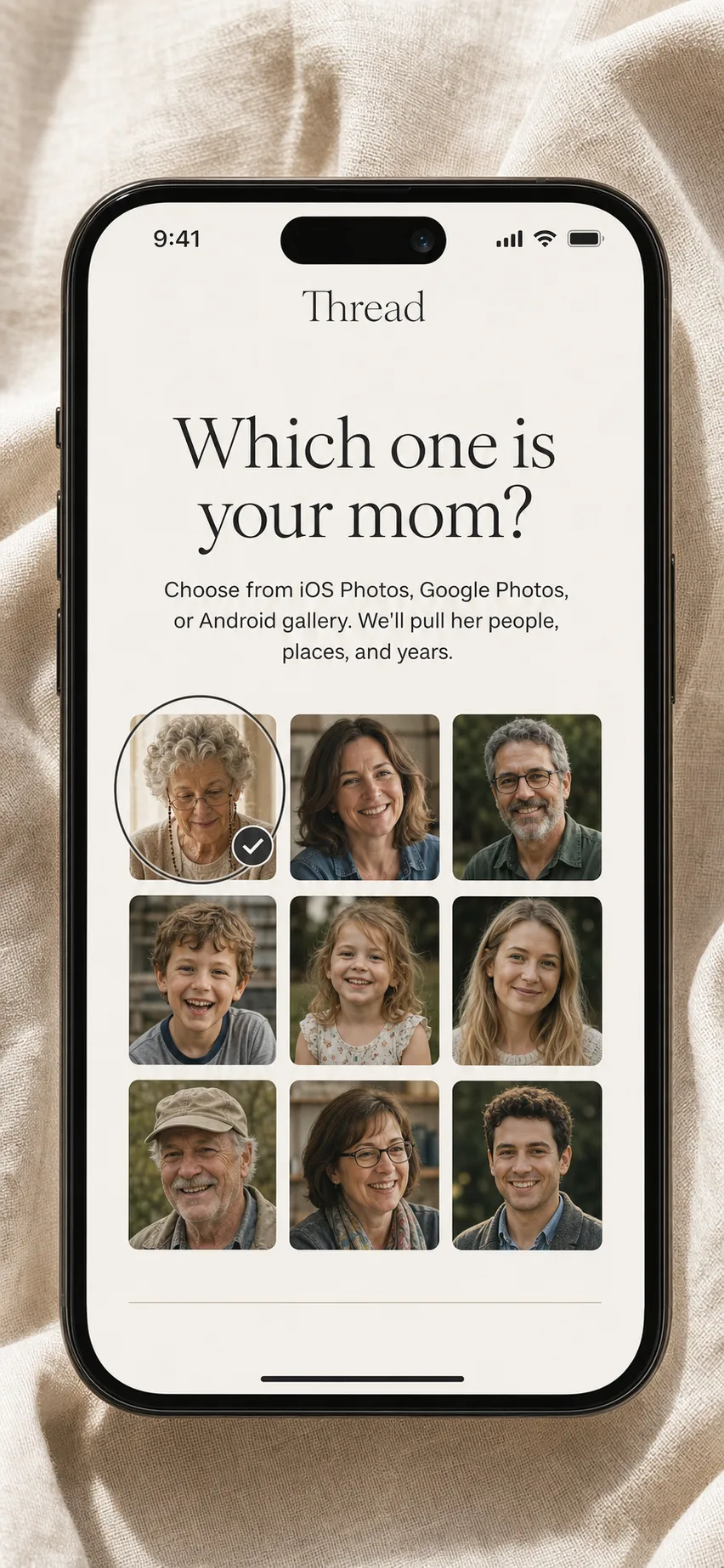 App screen: tap your mom's face from a grid of photo thumbnails