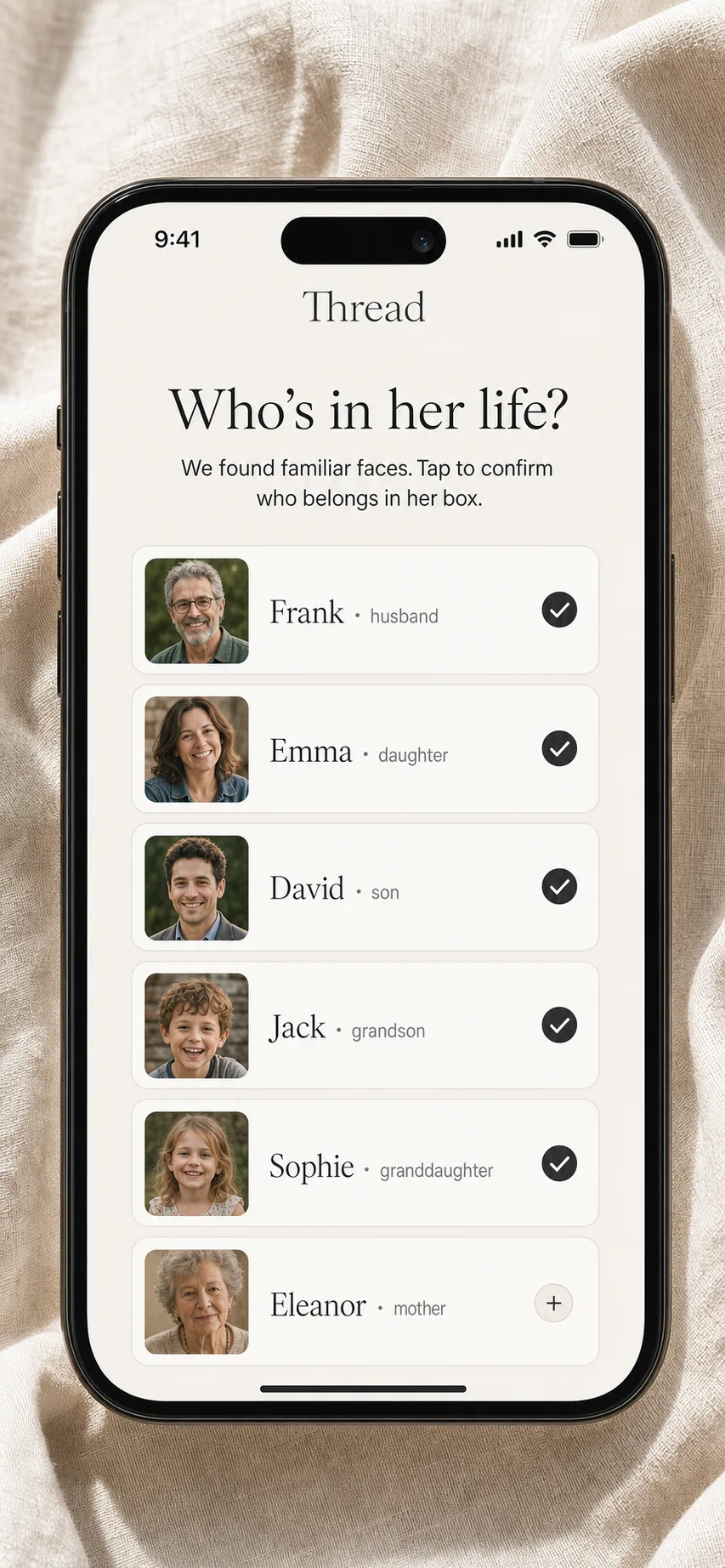App screen: confirm her family members from auto-detected names
