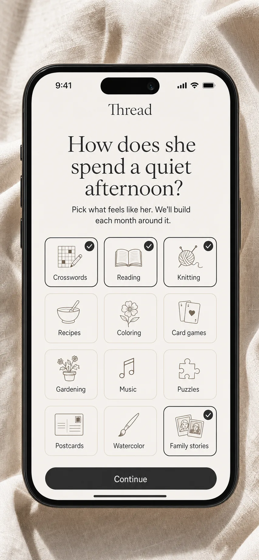 App screen: pick how she likes to spend a quiet afternoon