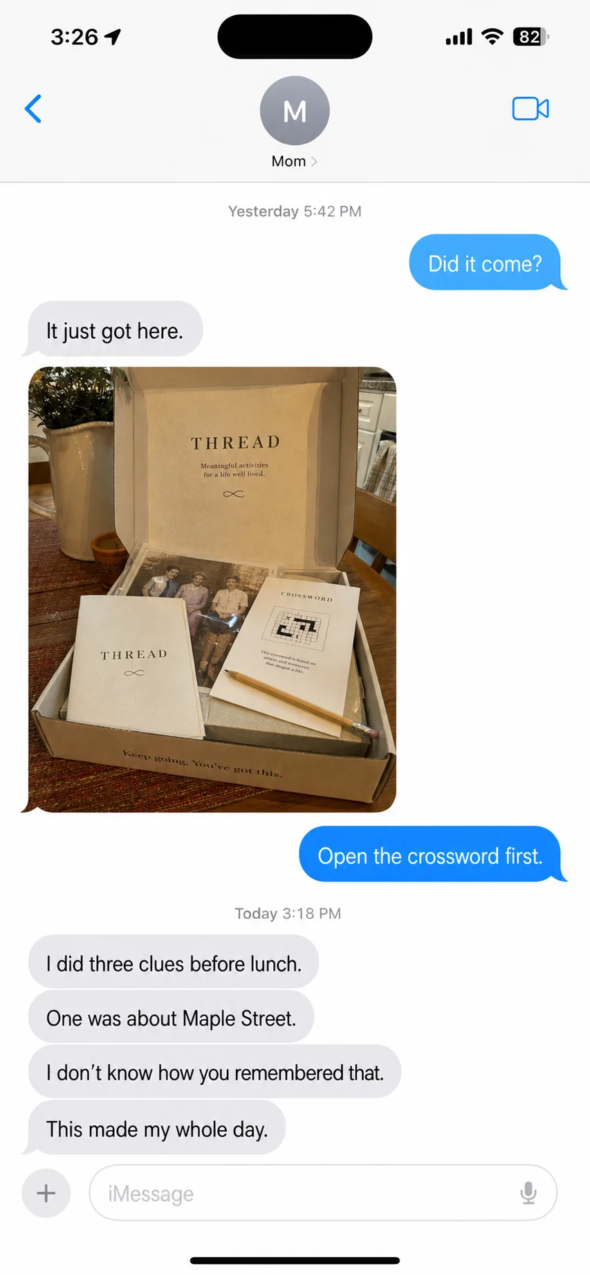 A text message from a parent after a Thread box arrived (17)