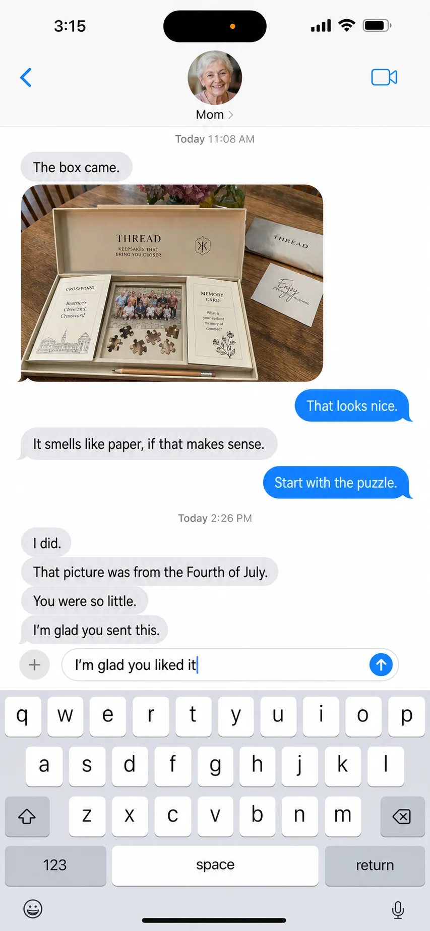 A text message from a parent after a Thread box arrived (22)