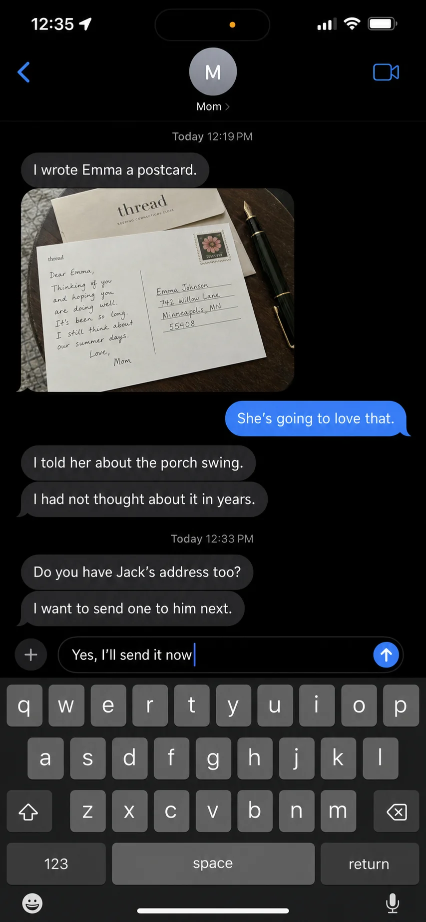 A text message from a parent after a Thread box arrived (25)