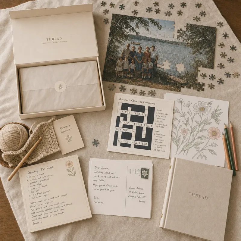 Overhead view of the Thread box with the month's activities fanned out — a personalized crossword, family photo puzzle, recipe cards, postcards, and more